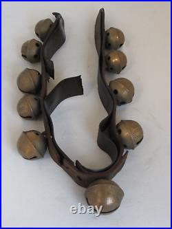 10 Antique Original Brass Sleigh Bells on Leather Strap Large Size and Numbered