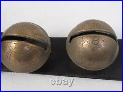 10 Antique Original Brass Sleigh Bells on Leather Strap Large Size and Numbered