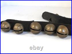 10 Antique Original Brass Sleigh Bells on Leather Strap Large Size and Numbered