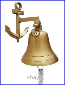 10 Inch Antique Brass Large Ship's Wall & Hanging Bell Brass Bracket & Lanyard