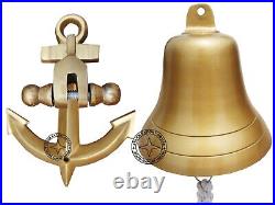 10 Inch Antique Brass Large Ship's Wall & Hanging Bell Brass Bracket & Lanyard