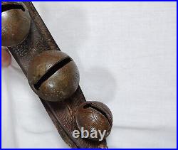 12 Antique Brass Petal Sleigh Bells On A Leather Strap #0, 1, 2 Joseph Shipman