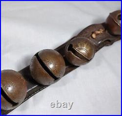 12 Antique Brass Petal Sleigh Bells On A Leather Strap #0, 1, 2 Joseph Shipman