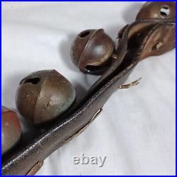 12 Antique Brass Petal Sleigh Bells On A Leather Strap #0, 1, 2 Joseph Shipman