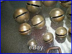 12-Graduating Antique Acorn Brass Sleigh Bells with Buckle/ #15 Down to #2