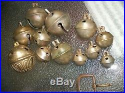 12-Graduating Antique Acorn Brass Sleigh Bells with Buckle/ #15 Down to #2