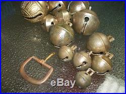 12-Graduating Antique Acorn Brass Sleigh Bells with Buckle/ #15 Down to #2