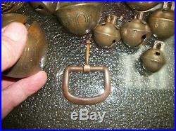 12-Graduating Antique Acorn Brass Sleigh Bells with Buckle/ #15 Down to #2