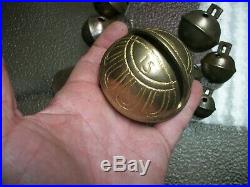 12-Graduating Antique Acorn Brass Sleigh Bells with Buckle/ #15 Down to #2