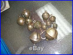 12-Graduating Antique Acorn Brass Sleigh Bells with Buckle/ #15 Down to #2