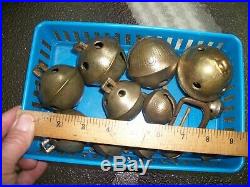 12-Graduating Antique Acorn Brass Sleigh Bells with Buckle/ #15 Down to #2