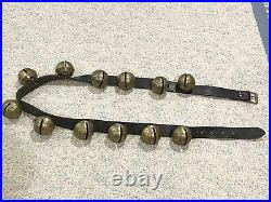 12 LARGE #14 Antique BRASS SLEIGH BELLS ON LEATHER STRAP