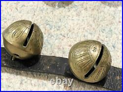 12 LARGE #14 Antique BRASS SLEIGH BELLS ON LEATHER STRAP