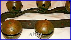 12 antique brass petal sleigh bells on leather strap-all numbered Barn Find