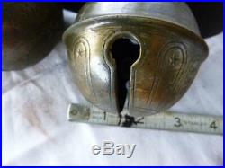 13 Graduated Antique Brass Petal Sleigh Bells on 43 Leather Strap -Bells 1.5-3