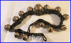 13 Original Antique Brass Embossed Horse Sleigh Bells With Buckles Leather Strap