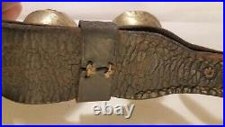 13 Original Antique Brass Embossed Horse Sleigh Bells With Buckles Leather Strap