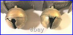 13 Original Antique Brass Embossed Horse Sleigh Bells With Buckles Leather Strap