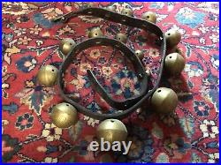 15 ANTIQUE GRADUATING ETCHED BRASS SLEIGH BELLS w BROWN LEATHER HORSE BELT