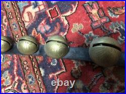 15 ANTIQUE GRADUATING ETCHED BRASS SLEIGH BELLS w BROWN LEATHER HORSE BELT