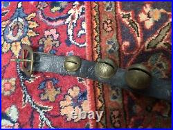 15 ANTIQUE GRADUATING ETCHED BRASS SLEIGH BELLS w BROWN LEATHER HORSE BELT