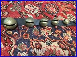 15 ANTIQUE GRADUATING ETCHED BRASS SLEIGH BELLS w BROWN LEATHER HORSE BELT