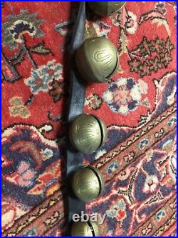 15 ANTIQUE GRADUATING ETCHED BRASS SLEIGH BELLS w BROWN LEATHER HORSE BELT