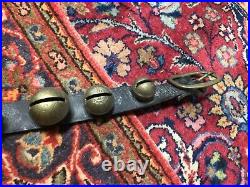 15 ANTIQUE GRADUATING ETCHED BRASS SLEIGH BELLS w BROWN LEATHER HORSE BELT