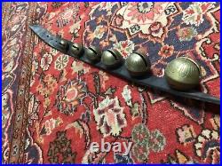 15 ANTIQUE GRADUATING ETCHED BRASS SLEIGH BELLS w BROWN LEATHER HORSE BELT