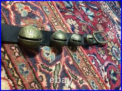 15 ANTIQUE GRADUATING ETCHED BRASS SLEIGH BELLS w BROWN LEATHER HORSE BELT