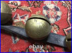 15 ANTIQUE GRADUATING ETCHED BRASS SLEIGH BELLS w BROWN LEATHER HORSE BELT