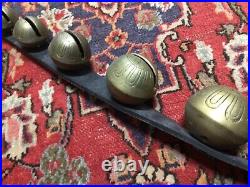 15 ANTIQUE GRADUATING ETCHED BRASS SLEIGH BELLS w BROWN LEATHER HORSE BELT