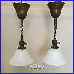 16 Brass Pendant Light Pair Wired With Milk White Bell Shades Antique 28E