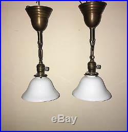 16 Brass Pendant Light Pair Wired With Milk White Bell Shades Antique 28E