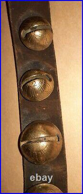 1800s Christmas Horse Sleigh 10 Bells Brass Antique Leather Rare Authentic Large