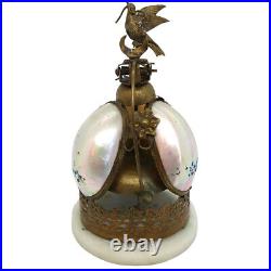 1880s Antique French Brass, Iridesc Iridescent Shell and Marble Table Bell Bird