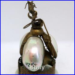 1880s Antique French Brass, Iridesc Iridescent Shell and Marble Table Bell Bird