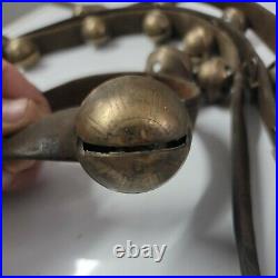 19 Antique Graduated Petal Design Brass Sleigh Bells On 8' Leather Strap
