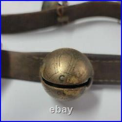 19 Antique Graduated Petal Design Brass Sleigh Bells On 8' Leather Strap