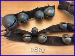 19th C 16 Antique Unpolished Brass Shank Petal Sleigh Bells, MarkedNS, HB, HS&C