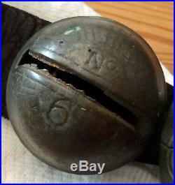 19th C 16 Antique Unpolished Brass Shank Petal Sleigh Bells, MarkedNS, HB, HS&C