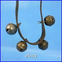 1.25 Antique Swiss BRASS BRONZE SLEIGH BELLS Leather Belt c1910. Make a collar