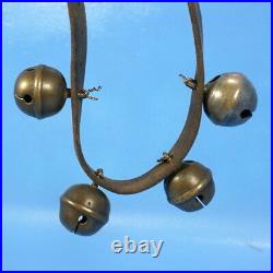 1.25 Antique Swiss BRASS BRONZE SLEIGH BELLS Leather Belt c1910. Make a collar