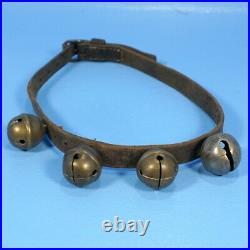 1.25 Antique Swiss BRASS BRONZE SLEIGH BELLS Leather Belt c1910. Make a collar