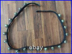 20 ANTIQUE ETCHED BRASS SLEIGH BELLS ON 76 Black LEATHER STRAP