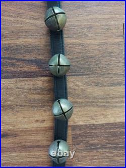 20 ANTIQUE ETCHED BRASS SLEIGH BELLS ON 76 Black LEATHER STRAP