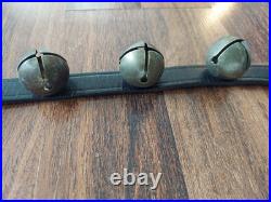 20 ANTIQUE ETCHED BRASS SLEIGH BELLS ON 76 Black LEATHER STRAP