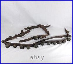 21 Antique Brass Petal Crotal Sleigh Bells On A Poor Leather Horse Belt Strap