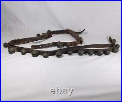 21 Antique Brass Petal Crotal Sleigh Bells On A Poor Leather Horse Belt Strap