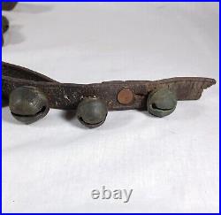 21 Antique Brass Petal Crotal Sleigh Bells On A Poor Leather Horse Belt Strap